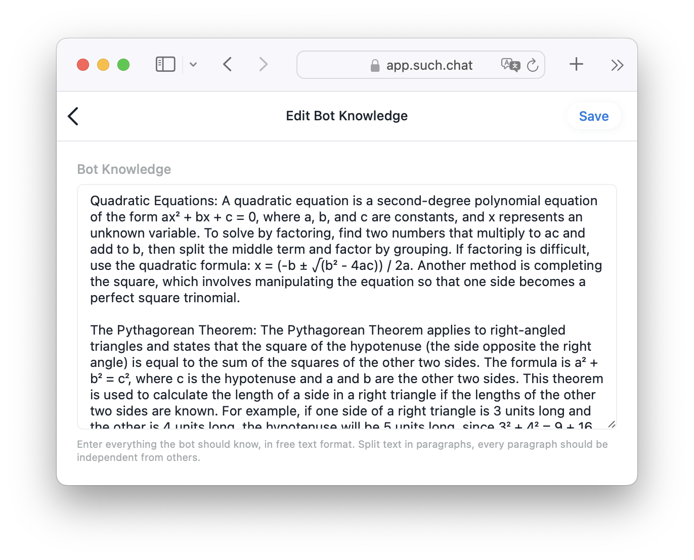 The Bot Knowledge editor in SUCH