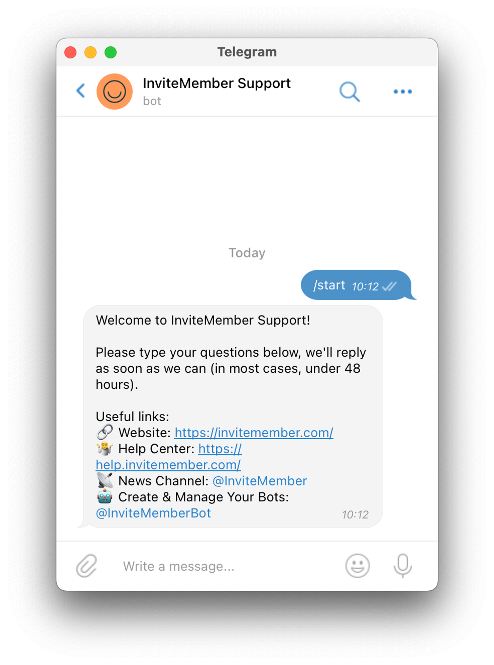 This is what a support bot looks like. Note the customizable welcome message it sends automatically.
