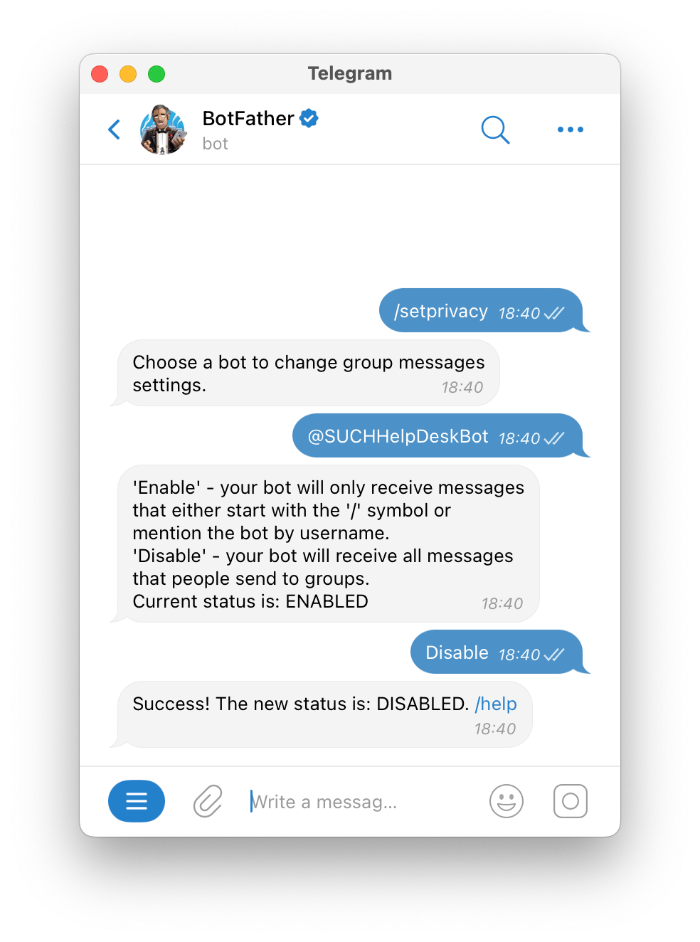 BotFather conversation showing the Telegram bot Privacy Mode setting