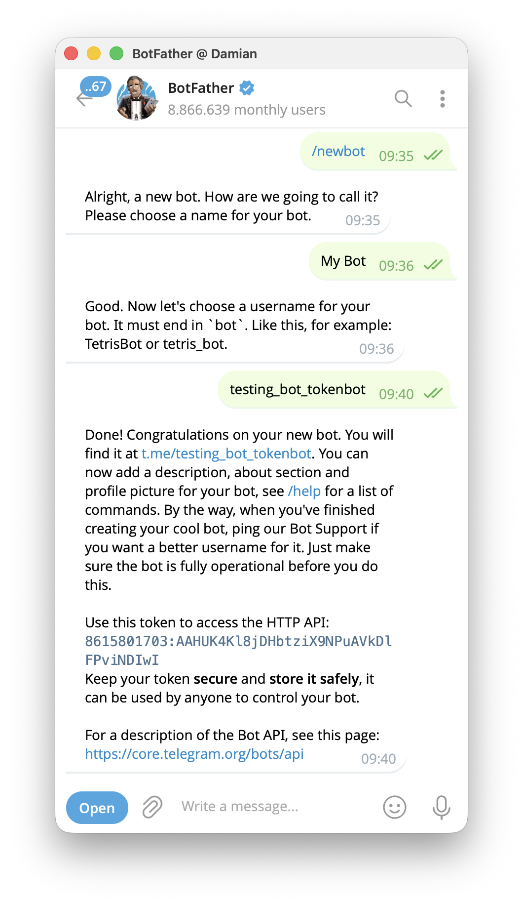 Creating a Telegram bot and getting its token from BotFather