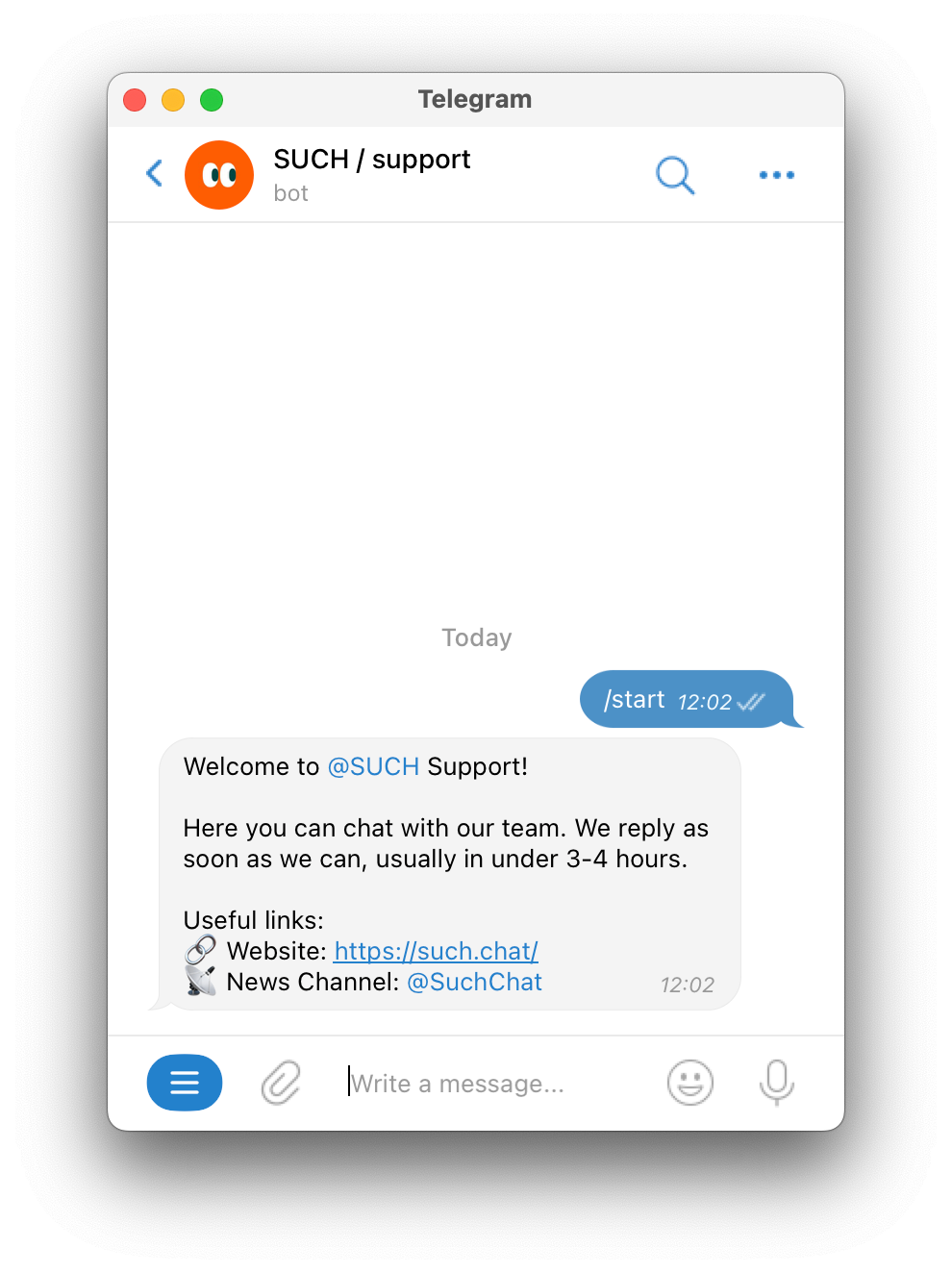 A support bot built with SUCH welcoming a customer in Telegram