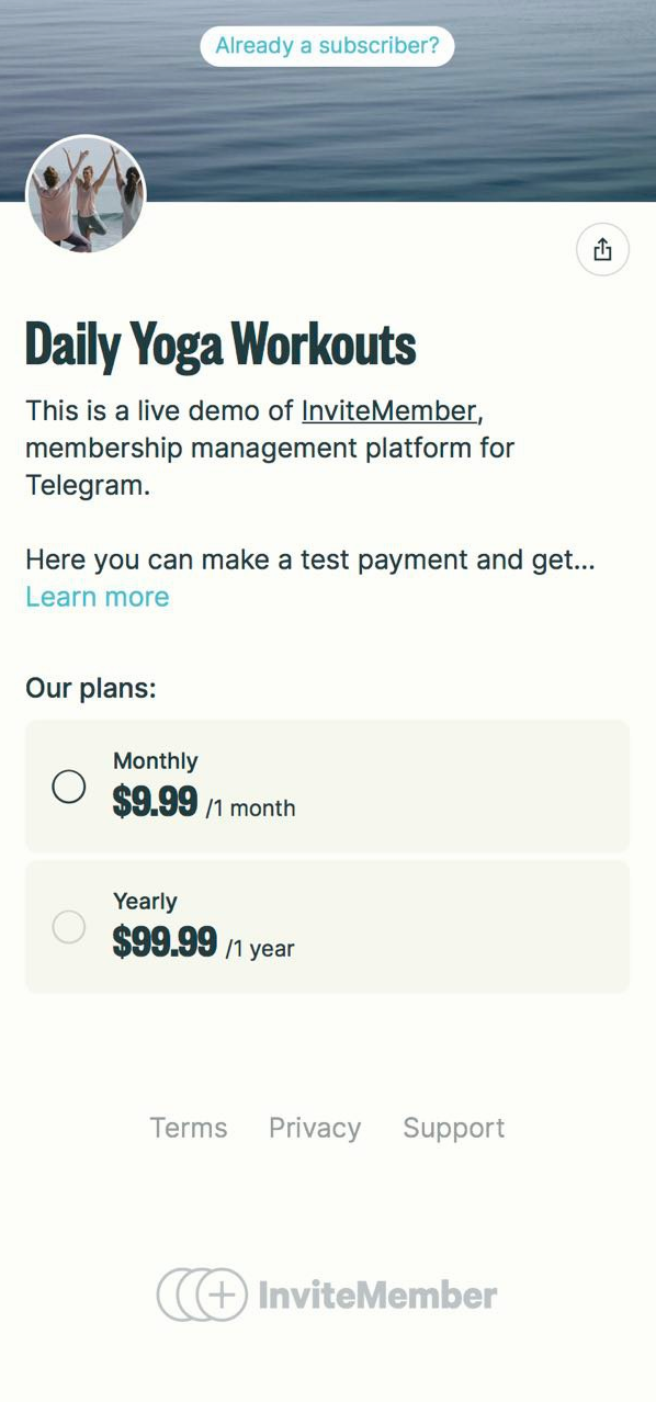 Example of an InviteMember membership page with monthly and yearly plans for a paid Telegram channel