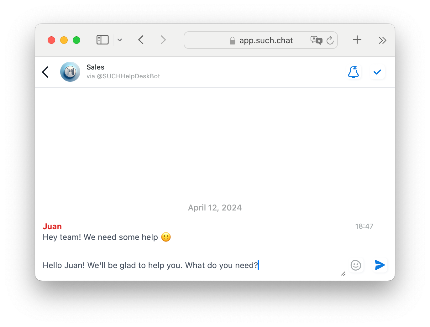 SUCH web app showing a Telegram group support conversation