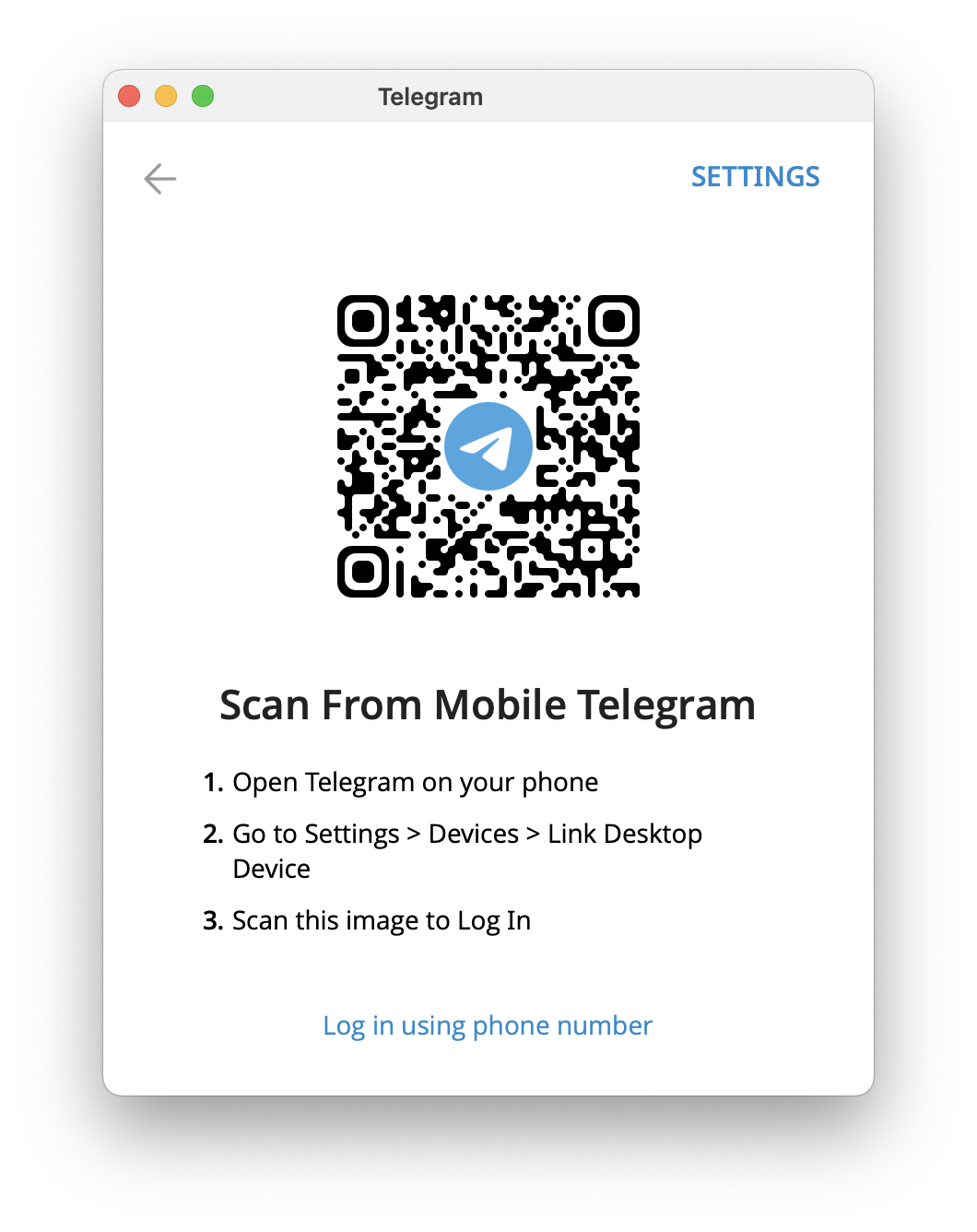 Telegram QR login screen
