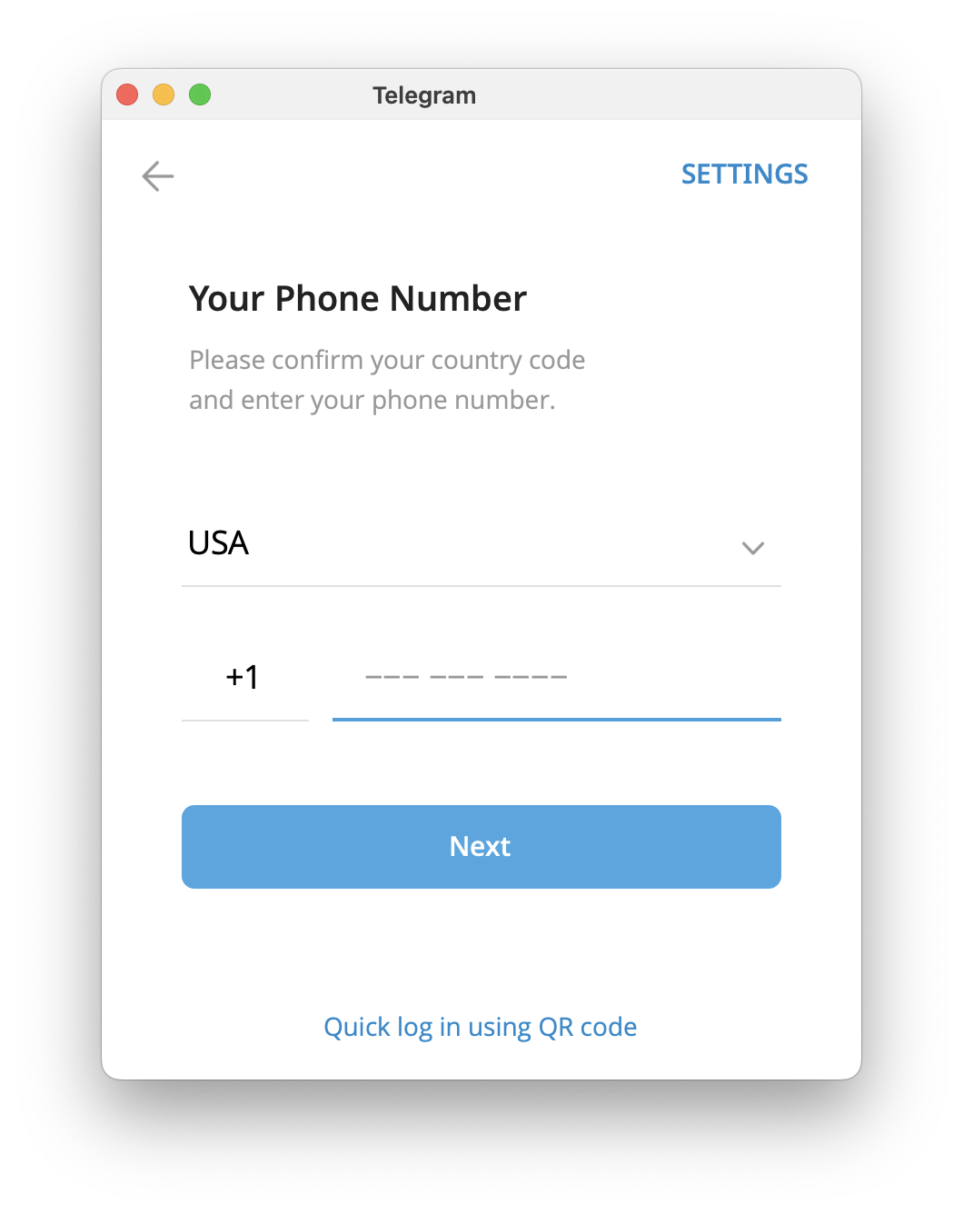 Telegram login number screen