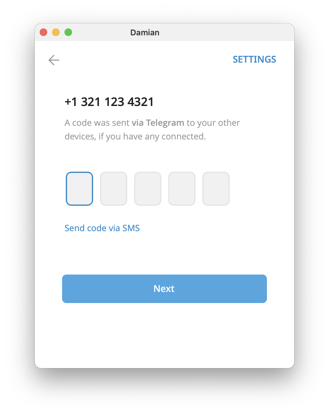 Telegram login SMS screen