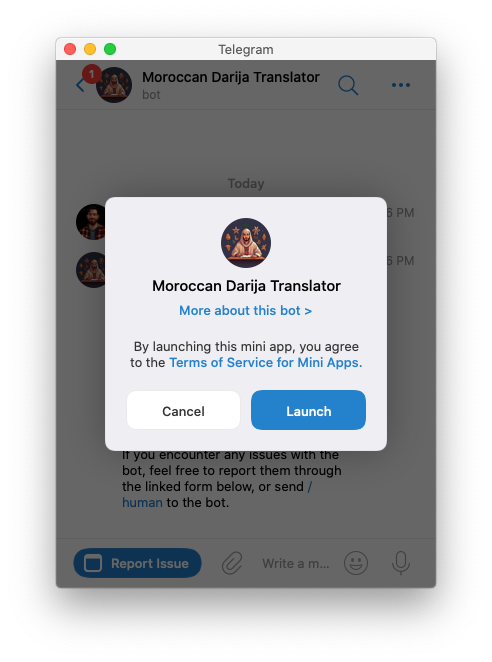Telegram asks a person to confirm before a Mini App launches from a bot chat