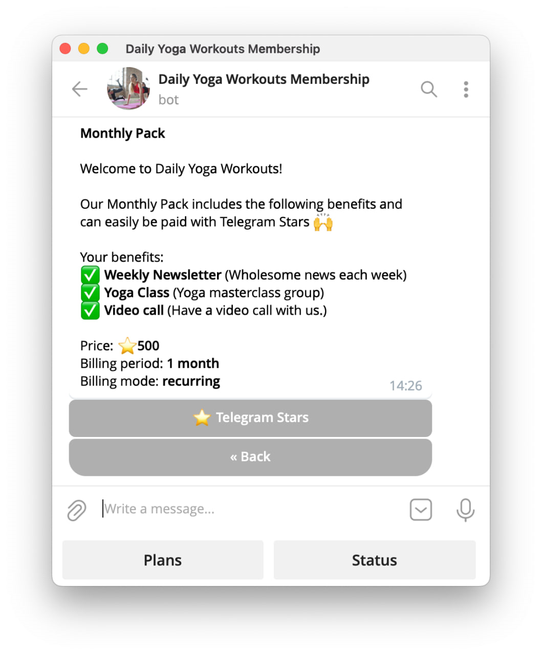 Telegram membership bot plan with a recurring Telegram Stars payment option