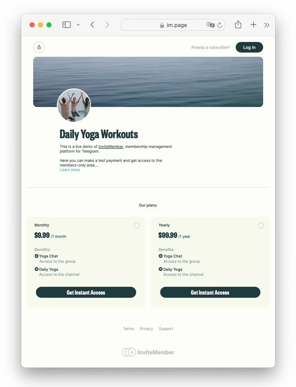 InviteMember membership page with monthly and yearly plans, included benefits, and instant access buttons