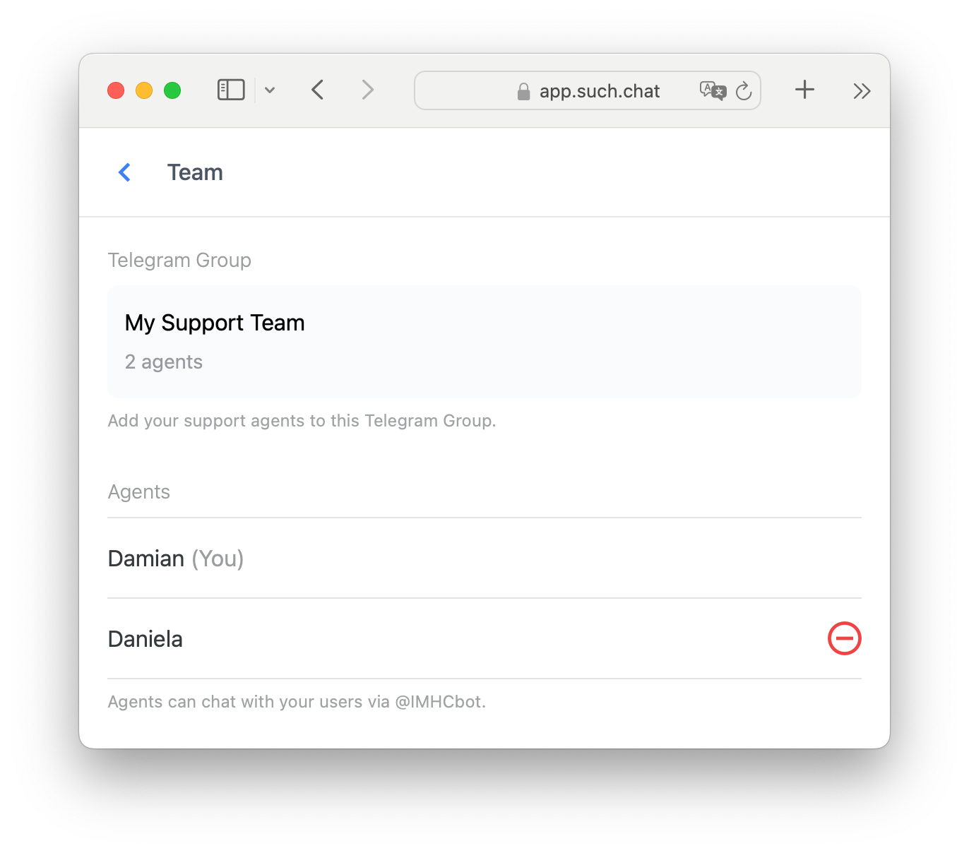 Managing Telegram support team agents in SUCH