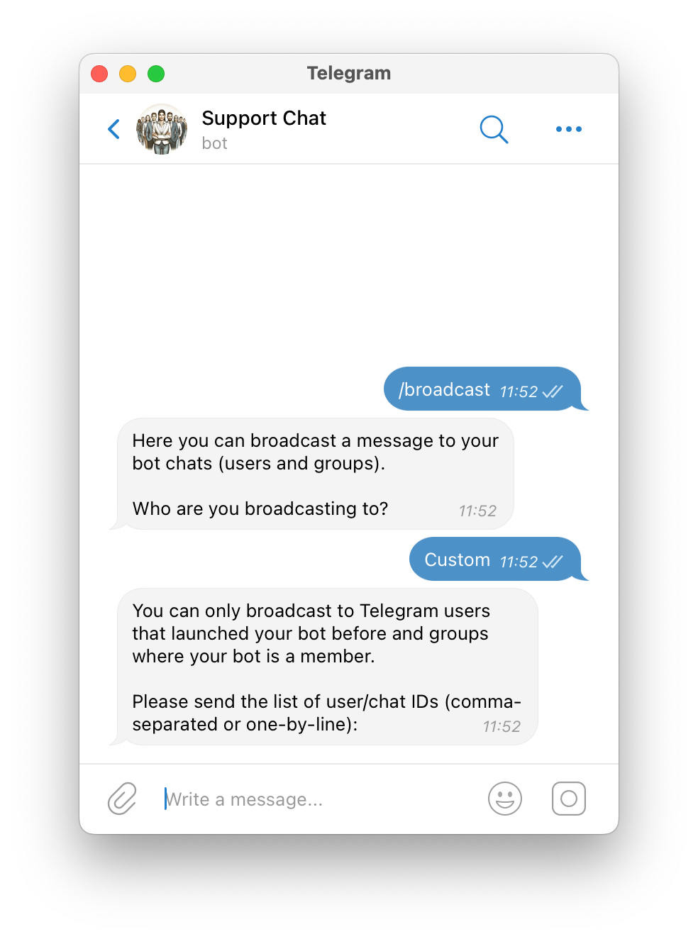A custom SUCH broadcast asking for customer Telegram user IDs