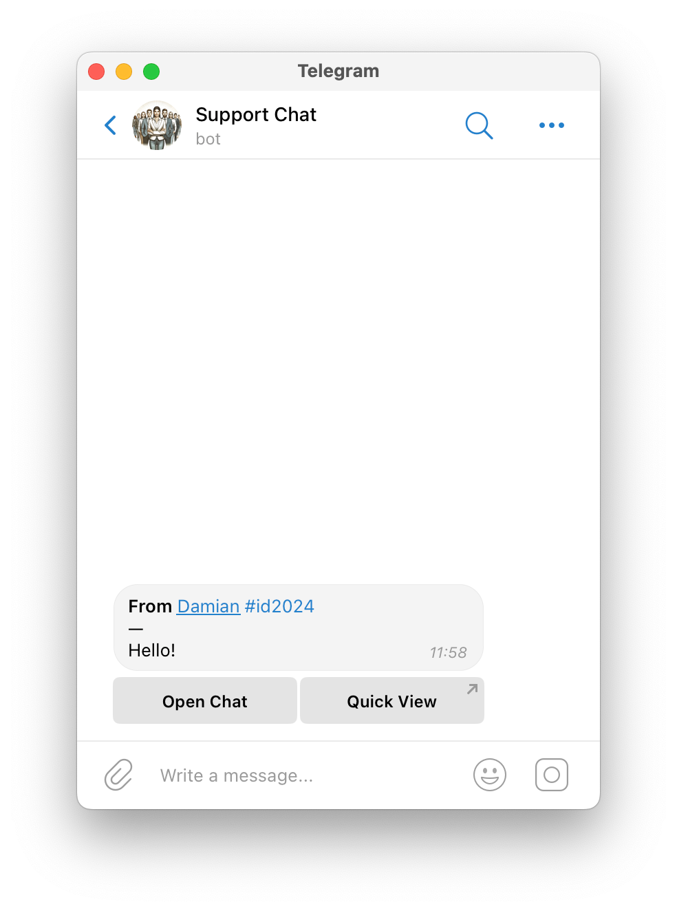 A Telegram support-bot notification showing a customer's numeric ID