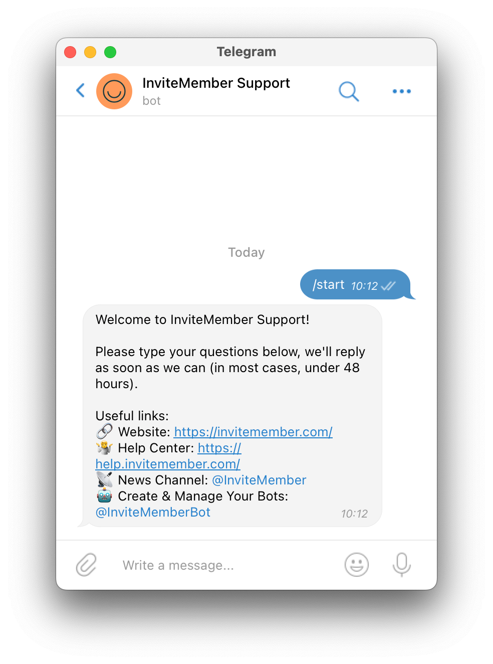 This is what a support bot looks like. Note the customizable welcome message it sends automatically.